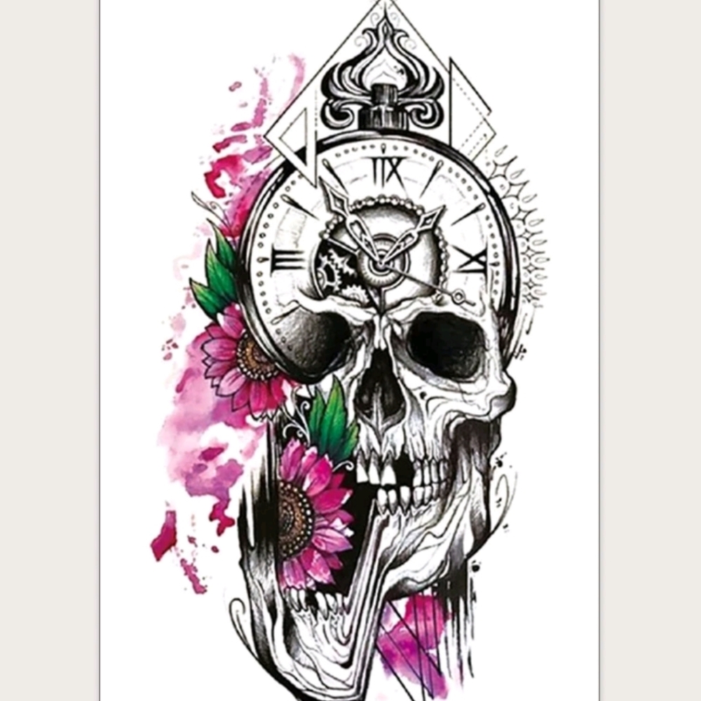 7.5" Skull/Flower/Clock Temporary Tattoo